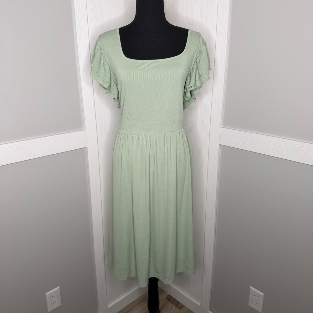 Yesfashion Dress Women 2XL Green Ruffle Sleeve Square Neck Ribbed Knit Midi